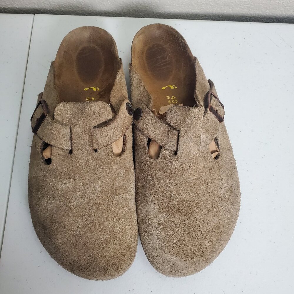 Birkenstock Boston Clog Suede Shoes Taupe Adjustable Strap Size 40 Women 9 Men 7